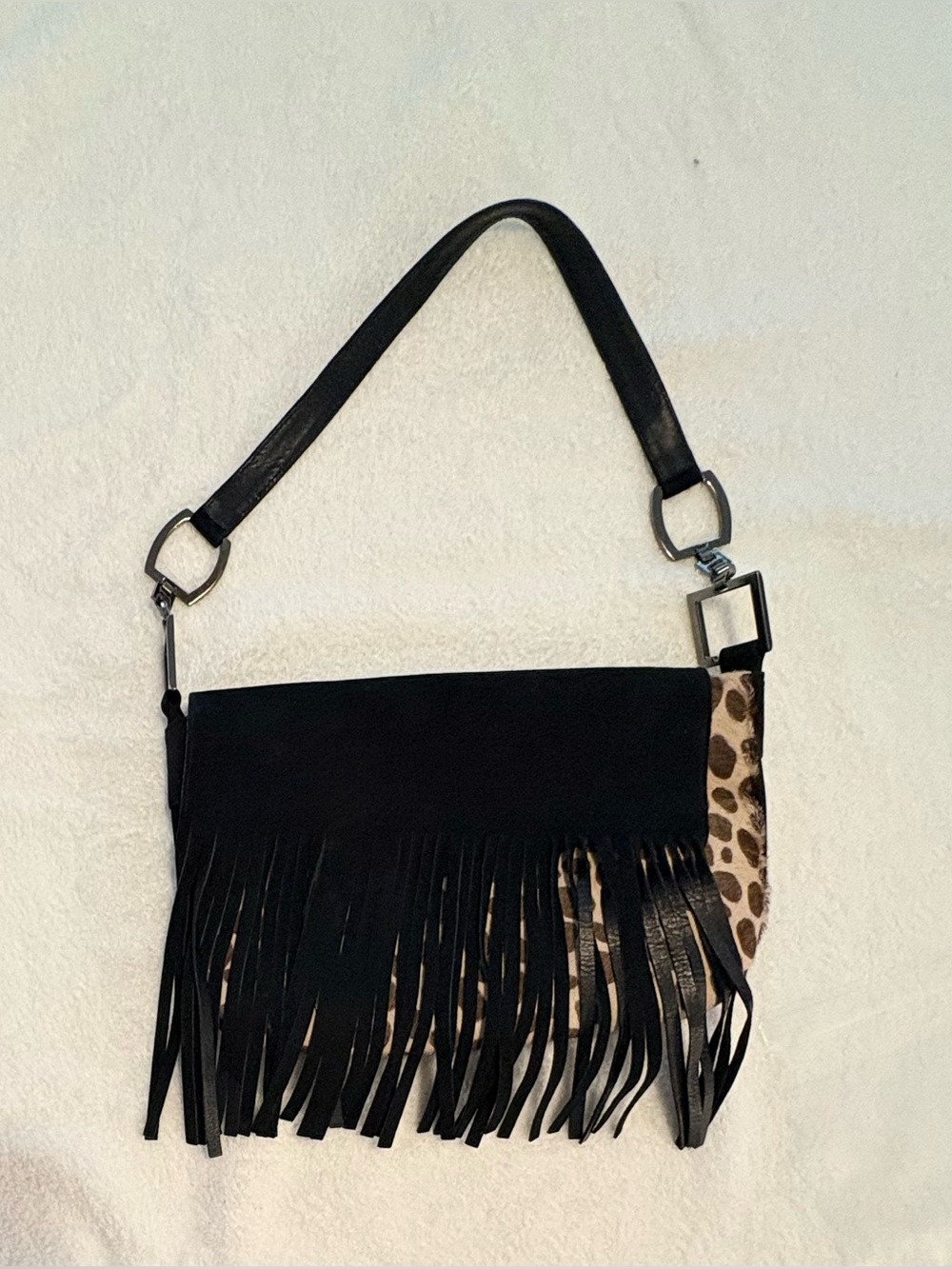 Stuart Weitzman Calf/Leopard with Black Suede Fringe Shoulder Bag - Spain